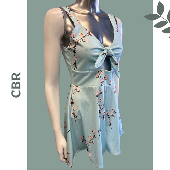 🛍️3/$40 CBR Romper Blue Pink Cherry Blossom Shorts Cut Out Tie Front Size Medium - Picture 2 of 6